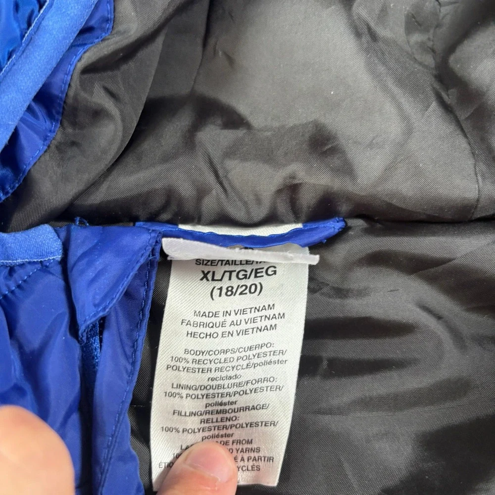 Adidas Royal Blue Quilted Puffer Jacket Hooded 3-Stripe XL 18/20 4347
